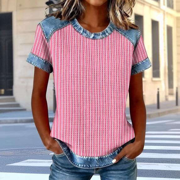 T-Shirt for Women Crewneck Short Sleeve Casual Sporty Style Striped Print Denim Patchwork Detail Soft Lightweight Summer Tops