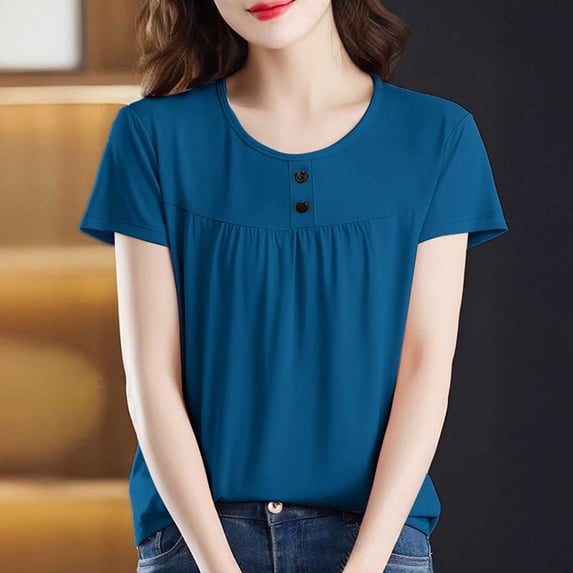 T-Shirt for Women Crewneck Short Sleeve Leisure Loose Fit Pintuck Pleated Front Button Decor Solid Color Soft Breathable Comfy Everyday Summer Tops