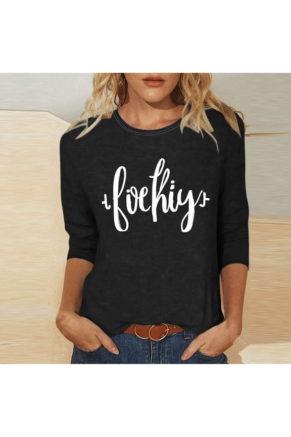 T-Shirt for Women Crewneck Three Quarter Sleeve Casual Loose Fit Graphic Slogan Print Stretchy Comfy Daily Base Layer Tops