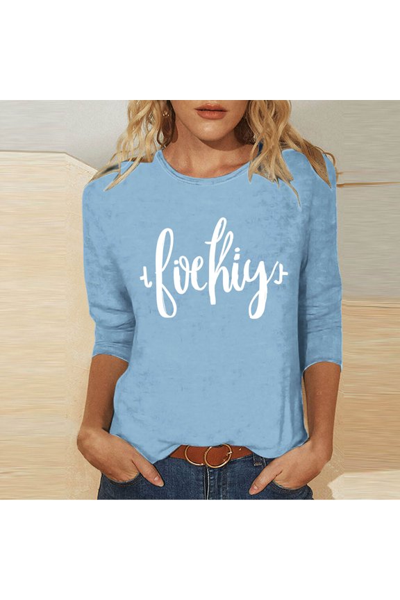 T-Shirt for Women Crewneck Three Quarter Sleeve Casual Loose Fit Graphic Slogan Print Stretchy Comfy Daily Base Layer Tops