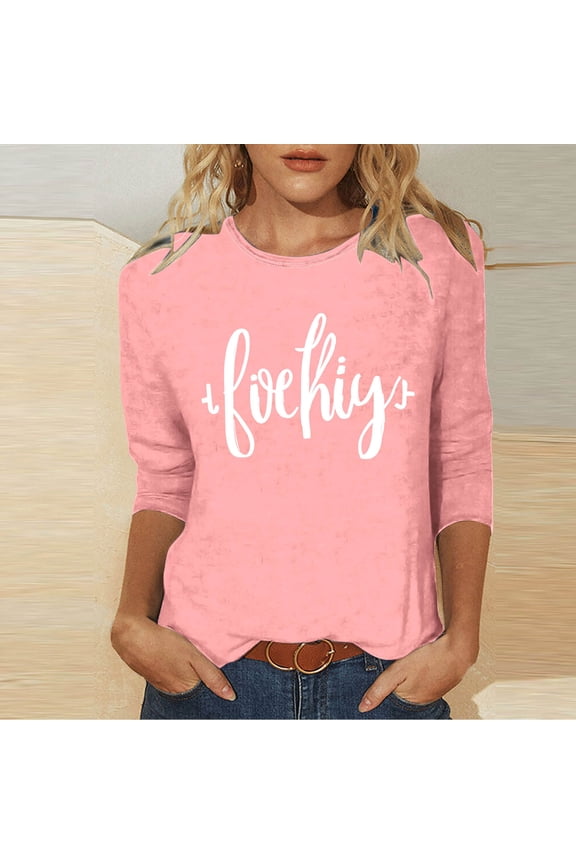 T-Shirt for Women Crewneck Three Quarter Sleeve Casual Loose Fit Graphic Slogan Print Stretchy Comfy Daily Base Layer Tops