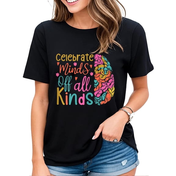T-Shirt for Women Neurodiversity Autism Awareness Celebrate Minds Of All Kinds Casual Short Sleeve Tops Black 3X-Large