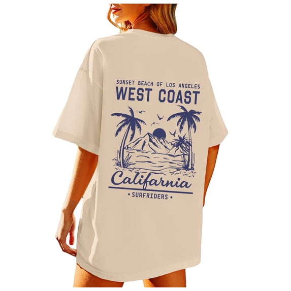 T Shirt for Women Oversized Summer Beach Hawaiian Graphic Short Sleeve Tees Trendy Casual Crew Neck Loose Fit Pullover Tops