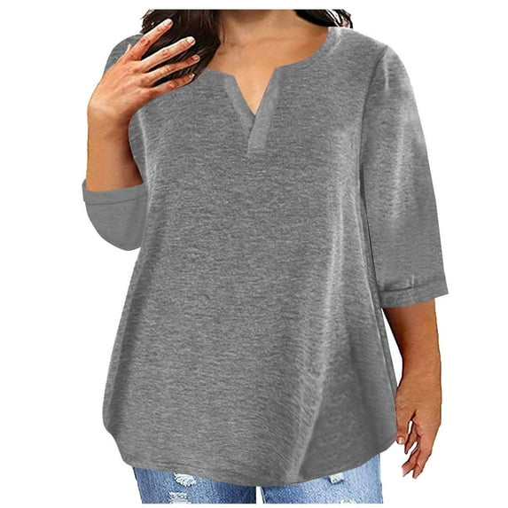 T-Shirt for Women Plus Size 3/4 Sleeve V-neck Solid Color Oversized T-shirt Gray 4XL