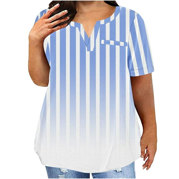 T-Shirt for Women Plus Size Gradient Stripes Short Sleeve V-Neck Casual Loose Blouse Light Blue 5XL