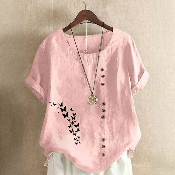 T-Shirt for Women Plus Size Round Neck Print Short Sleeve Button T-shirt Blouse Pink 5XL