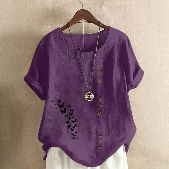 T-Shirt for Women Plus Size Round Neck Print Short Sleeve Button T-shirt Blouse Purple 3XL