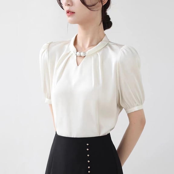 T Shirt for Women Short Sleeve Blouses for Women Ladies' Three Quarter Sleeved V-neck Fashionable Top Quarter Sleeved V-neck Top/shirt White S