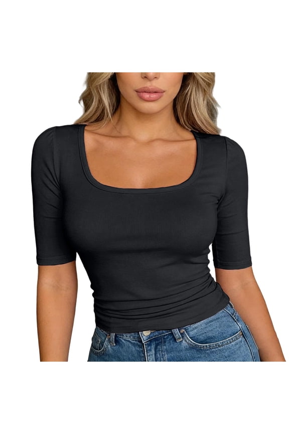 T Shirt for Women Short Sleeve Square Neck Blouse Slim Fit Solid Color Basic Casual Top Black M