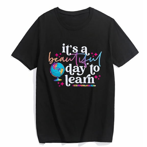 T-Shirt for Women Teacher Life Shirt It's a Beautiful Day to Learn Tee Funny Back to School Teacher Gift Casual Short Sleeve Top Black 2X-Large
