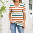 thumbnail image 1 of T-Shirt for Women V Neck Short Sleeve Casual Regular Fit Horizontal Striped Print Rolled Cuffs Lightweight Stretchy Daily Wear Summer Tee Shirts, 1 of 8