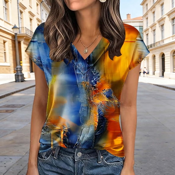 T-Shirt for Women V Neck Short Sleeve Fashion Graphic Print Abstract Art Style Loose Fit Breathable Summer Tops Casual Streetwear Apparel