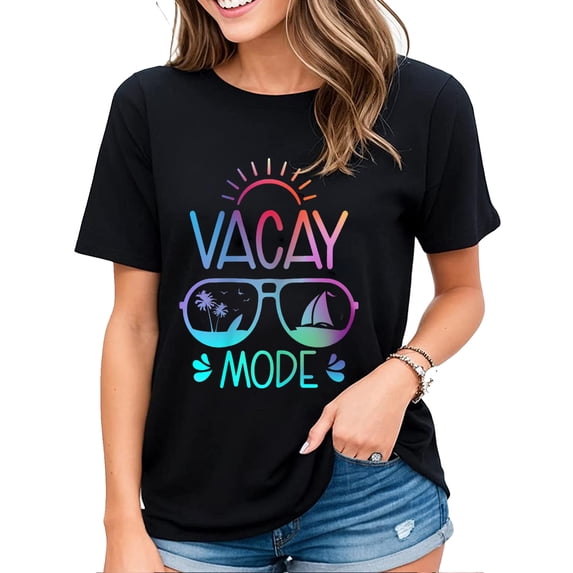 T-Shirt for Women Vacay Mode Tie Dye Vacation Summer Ship Beach Family Holiday Casual Short Sleeve Tops Black Large