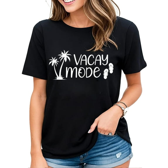 T-Shirt for Women Vintage Vacay Mode For Camping Family Vacations Casual Short Sleeve Tops Black Large