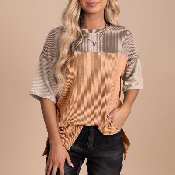 T-Shirt for Women Women'S Tops Summer Short-Sleeved Basic T-Shirts Casual Loose Fashion Solid Color Striped Short-Sleeved Tops