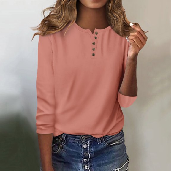 T-Shirt for Women Women's Fashion Casual Round Neck 3/4 Sleeve Loose Solid Color Button T-Shirt Ladies Top