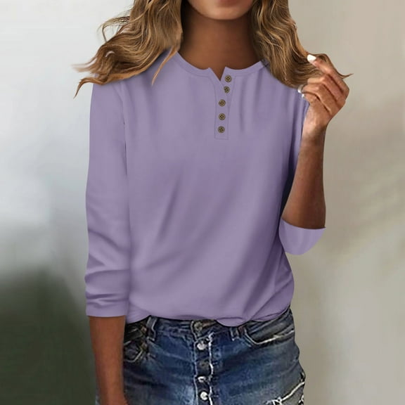 T-Shirt for Women Women's Fashion Casual Round Neck 3/4 Sleeve Loose Solid Color Button T-Shirt Ladies Top