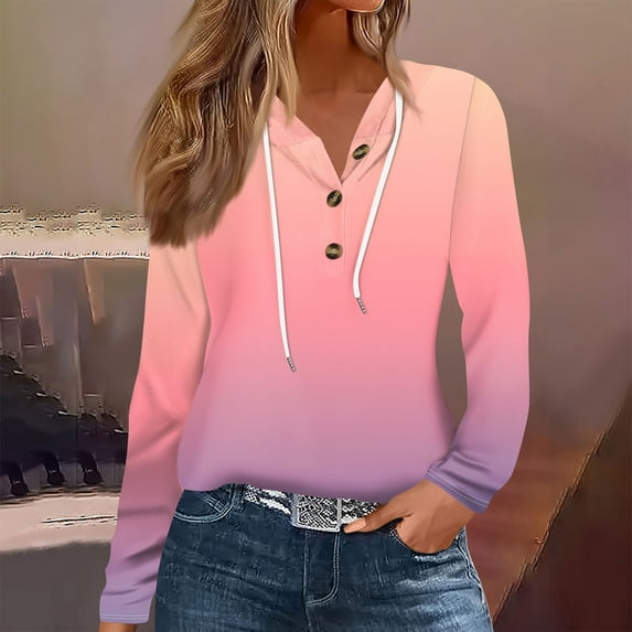 T-Shirt for Women Women's Fashion Long Sleeve Button Up Casual Hooded Printed T-Shirt Top