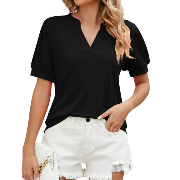 T-Shirt for Women Womens T-shirt Solid Short Sleeve Blouses V Neck Pleated Soft Tunic Tops