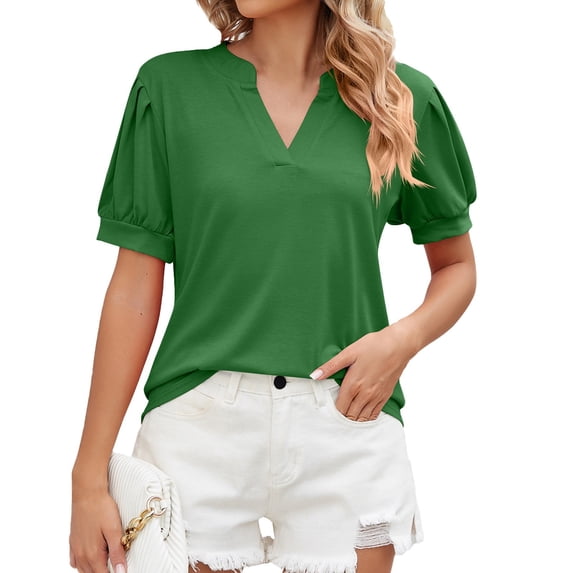 T-Shirt for Women Womens T-shirt Solid Short Sleeve Blouses V Neck Pleated Soft Tunic Tops