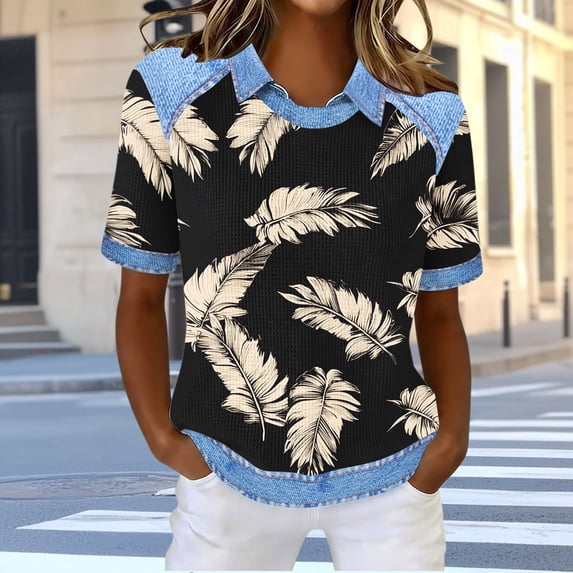 T-Shirt for Women Faux Denim Trim Rose Floral Graphic Crewneck Short Sleeve Soft Breathable Casual Summer Clothes