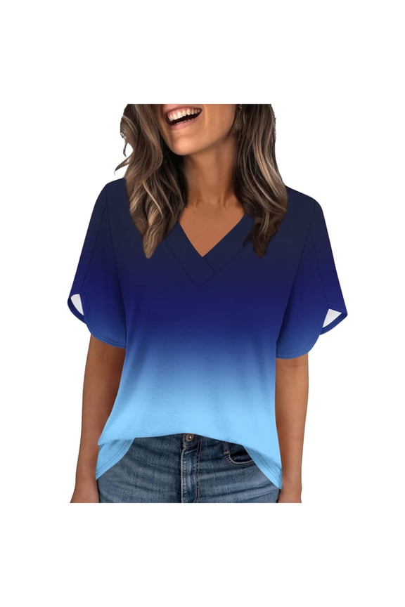 T-Shirt for Women Gradient Ombre V Neck Petal Sleeve Loose Fit Casual Relaxed Breathable Summer Blouse Soft Everyday Clothes Comfy Fashion Top