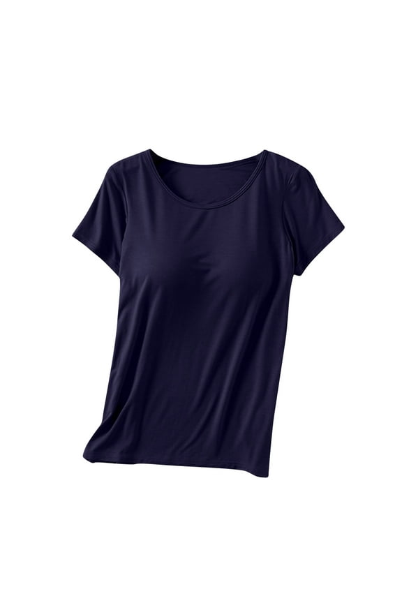 T-Shirt with Built In Bra Padded Comfy Womens Basic Workout Sports Tee Tops Summer Short Sleeve Running T Shirts