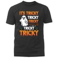 thumbnail image 1 of T-Shirt with "It's Tricky Tricky Tricky" Text & Ghost Pumpkin Graphic - Graphic Tees, Halloween Tops，Funny Spooky Tee，Fashion，cotton ,black,S-5XL, 1 of 1