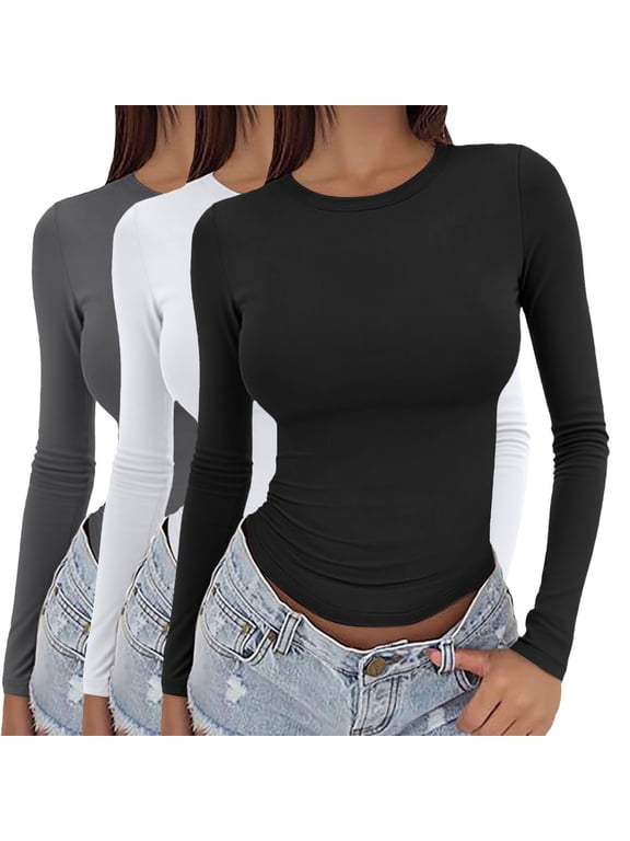 T-Shirt3 Pack Women Slim Long Sleeve Round Neck Crop Top Casual Layering Streetwear Tees