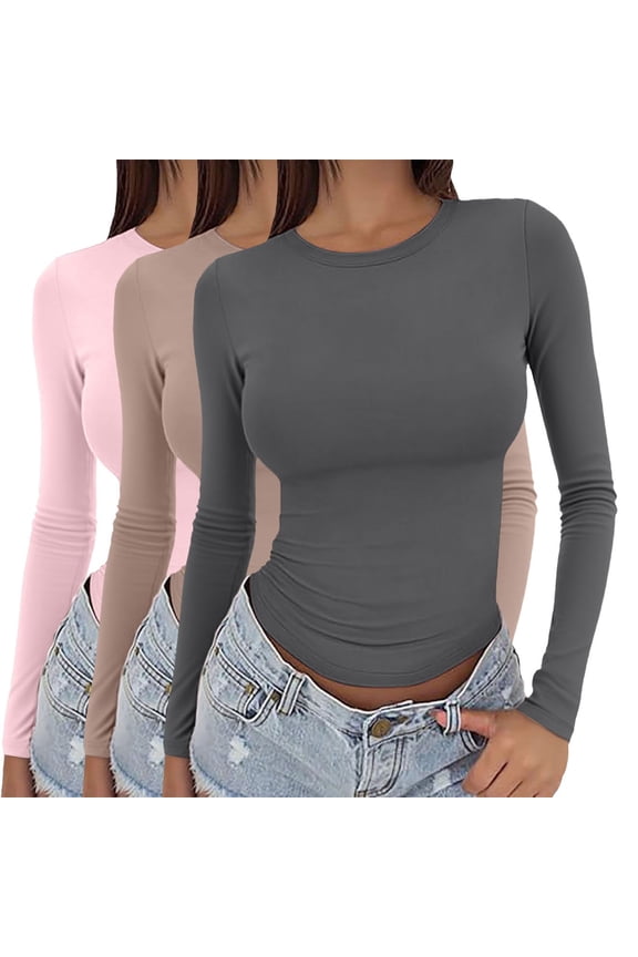 T-Shirt3 Pack Women Slim Long Sleeve Round Neck Crop Top Casual Layering Streetwear Tees