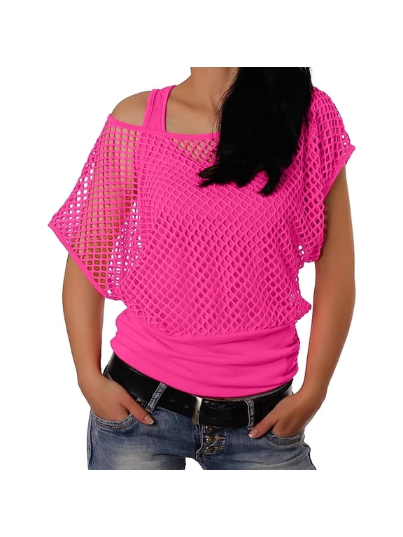 T-ShirtWomen Retro 80s 90s Sheer Fishnet Mesh Long Sleeve Top With Matching Tank Tops