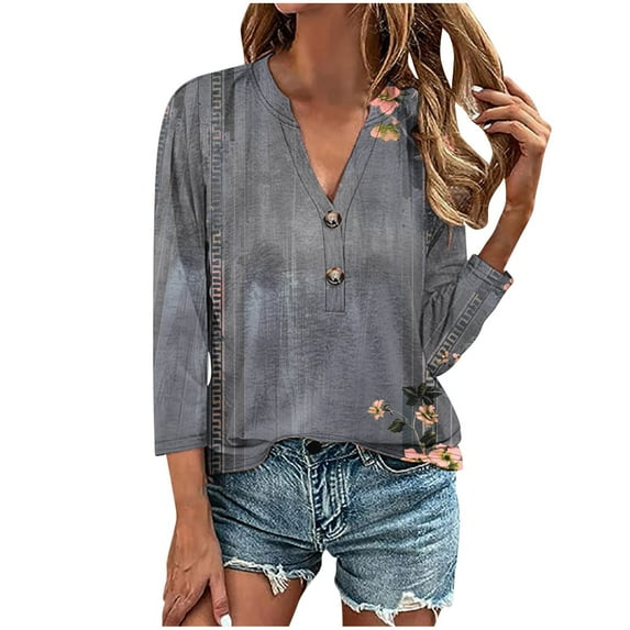 T Shirts 3/4 Sleeve Trendy Button Up V Neck Summer Fall Tops For Women Vintage Floral Print Casual Loose Tops,Gray,2XL