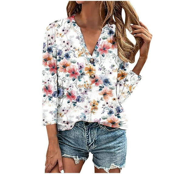 T Shirts 3/4 Sleeve Trendy Button Up V Neck Summer Fall Tops For Women Vintage Floral Print Casual Loose Tops,Multicolor,2XL