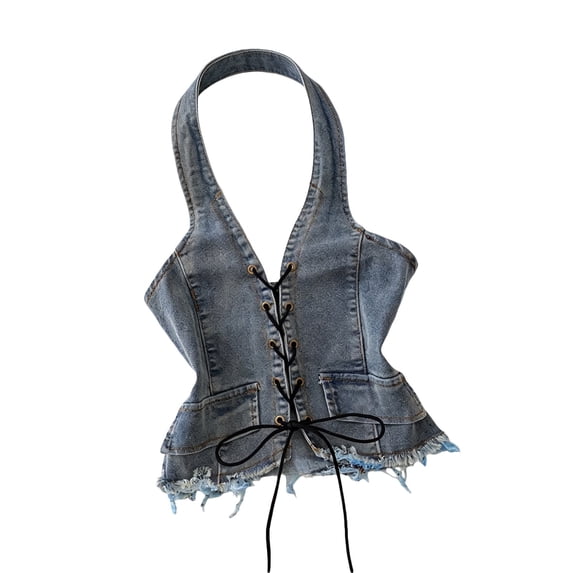 T-Shirts For Big Girls Tie Up Slim Fit Hanging Neck Backless Denim Vest Crop Tops Size 14-15T