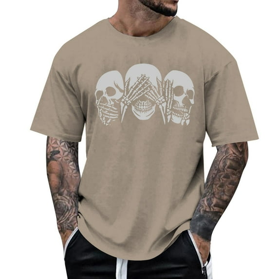 T Shirts For Man Casual Skull Print Novelty Halloween Short Sleeve Crew Neck Tops Casual Loose Outdoor Activities Mens T-Shirts Khaki S