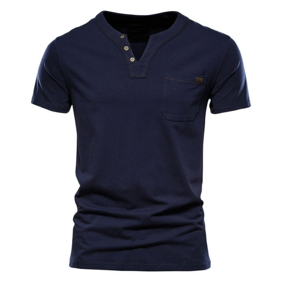T-Shirts For Men Fashion Casual Solid Color Cotton V Neck Pocket Button Short Sleeve T Shirt Top Daily Commuting Tees
