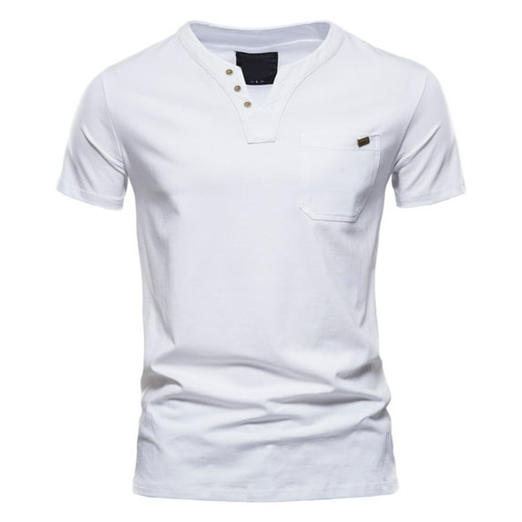 Youmylove T-Shirts For Men Fashion Casual Solid Color Cotton V Neck Pocket Button Short Sleeve T Shirt Top Men's T-shirt Versatile