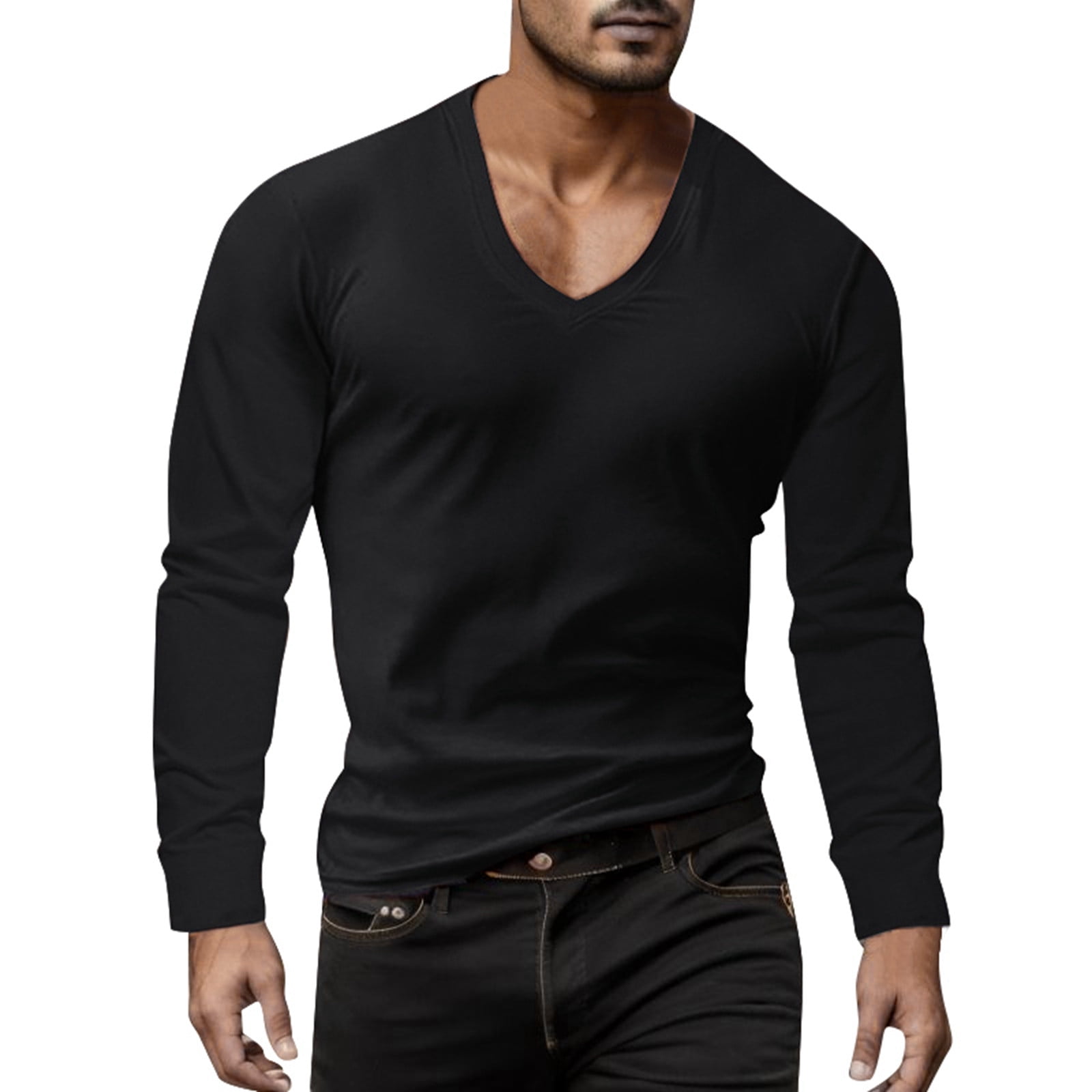 V Neck Mens Long Sleeve Top Mens Tshirt Men's V Neck Long