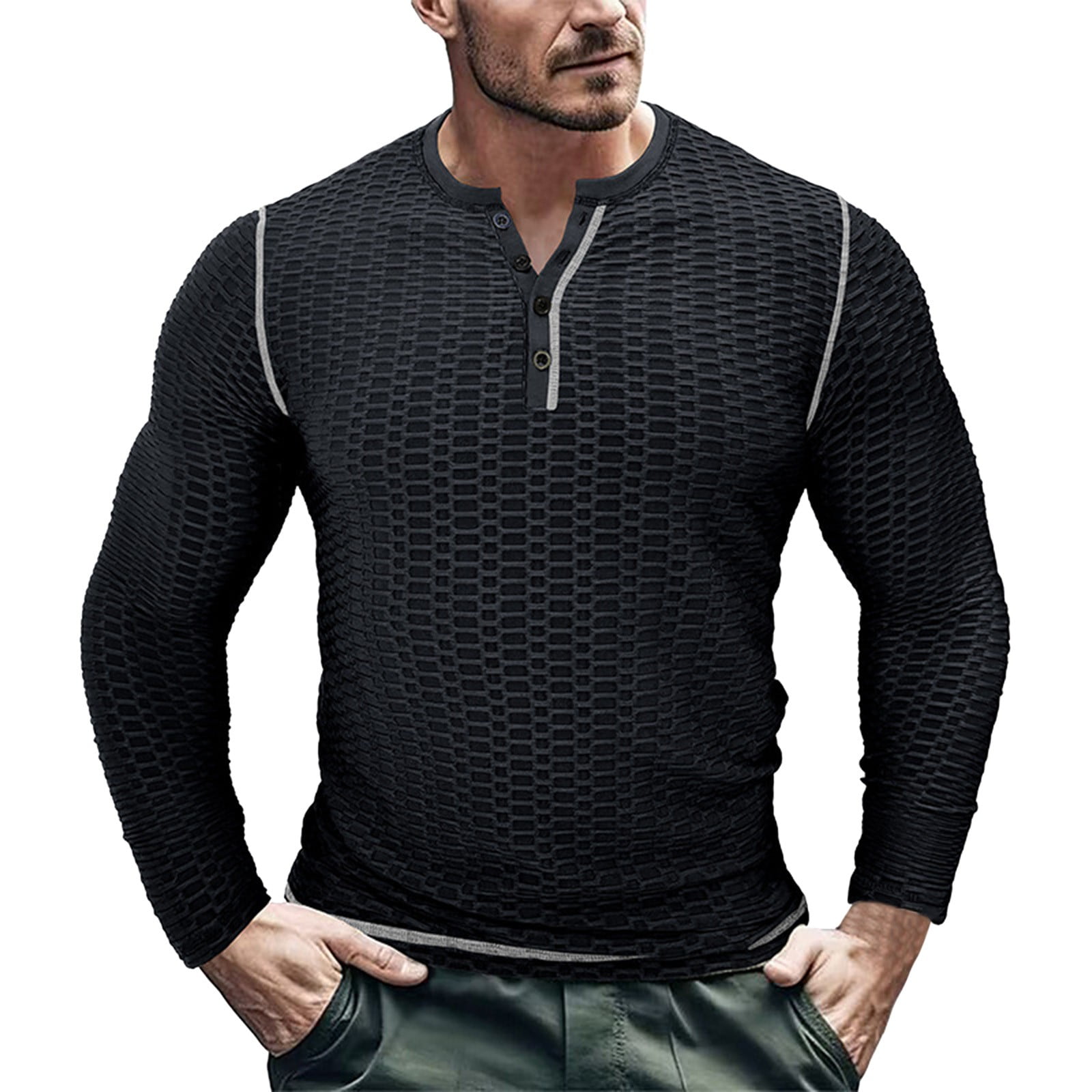 T Shirts For Men Male Long Sleeve Bottoming Solid Color Jacquard Button