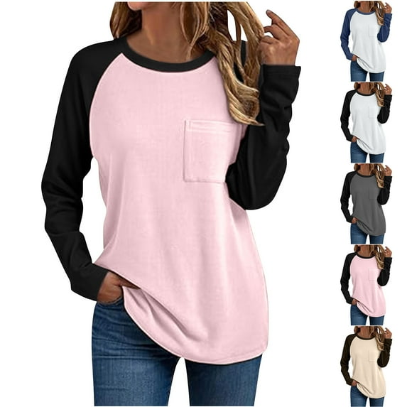 T Shirts For Woman Long Sleeve Shirts Slim Fit Stretchy Color Block Slightly Cropped Tops Round Neck Fall T Shirts