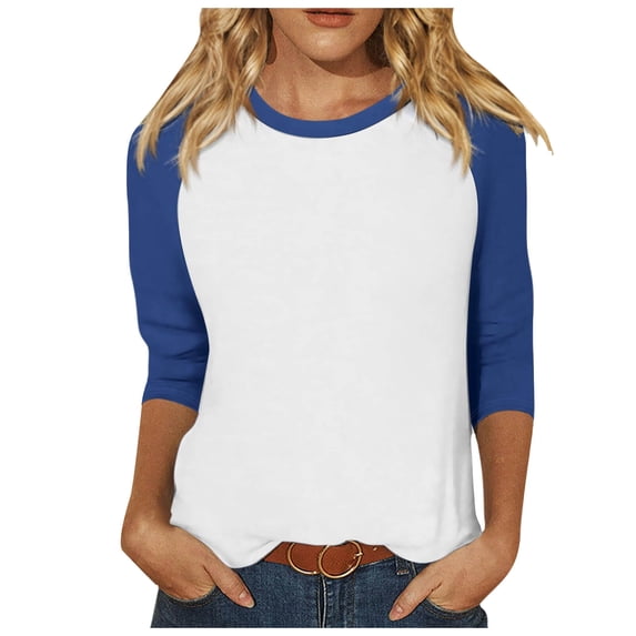 T-Shirts For Women 3/4 Raglan Sleeve Round Neck Patchwork Color Loose Tshirt Top Fashion Versatile Pullover Tshirt