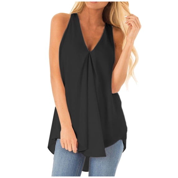 T Shirts For Women Black Womens Tops Fashion V Neck Sleeveless Solid Chiffon Casual Loose Tank Flowy Summer Tops