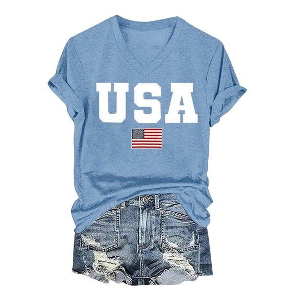 T Shirts For Women Blue Womens Tops Fashion USA Flag V Neck Star And Stripes Graphic Red White And Blue Short Sleeve Tee Patriotic Summer Tops