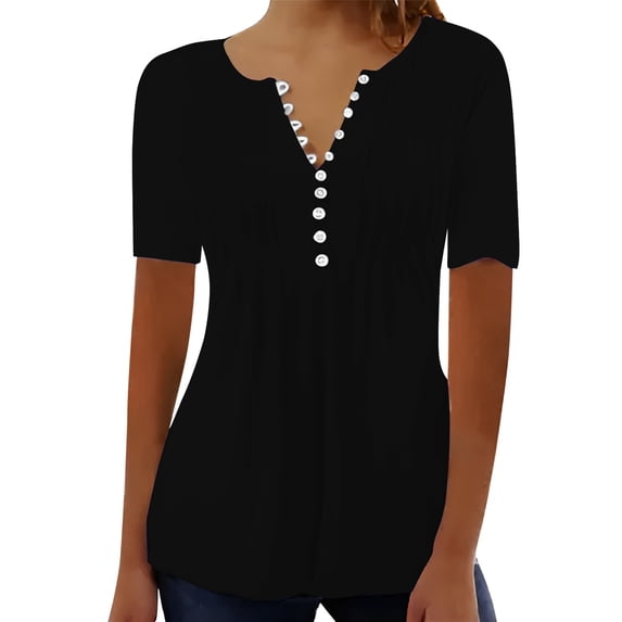 T-Shirts For Women Casual Pleated Round Neck Button Open Short Sleeve Loose T Shirt Shirt Top Womens Tops