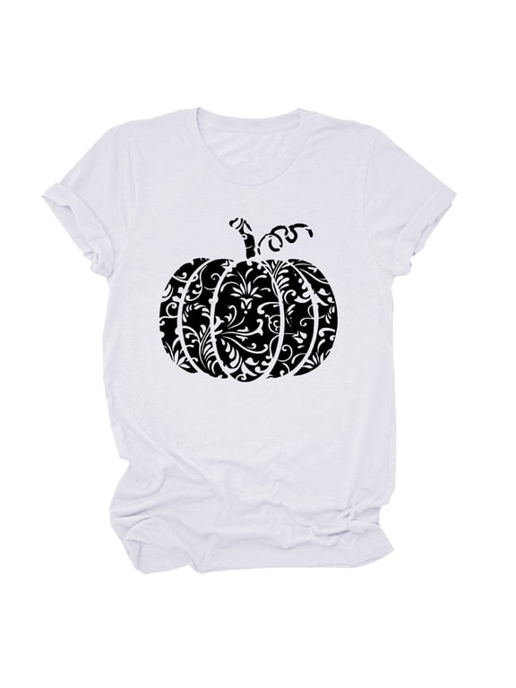 T Shirts For Women Casual Short Sleeve Crew Neck Pumpkin Graphic Tees For Women Tops Loose Fit T-Shirts White M