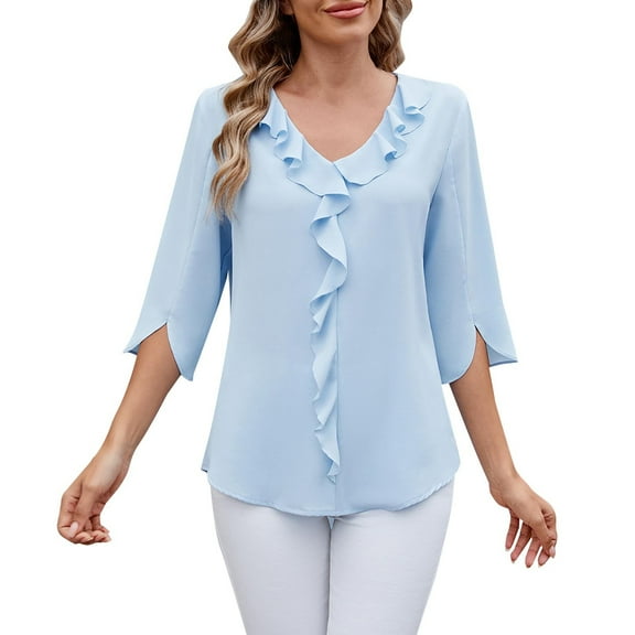 T-Shirts For Women Chiffon Shirt Mid Sleeved V Neck Pleated Ruffled Loose Top Mid Sleeved V Neck Top Womens Tops