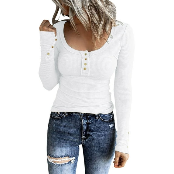 Womens Shirts Long Sleeve Henley Button Down Slim Fit Scoop Neck Ribbed Kni Womens Summer Tops