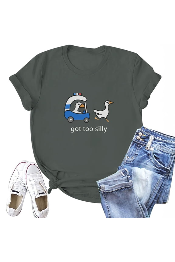 T Shirts For Women Crew Neck Duck Print Casual Short Sleeve Top Business Work Blouses