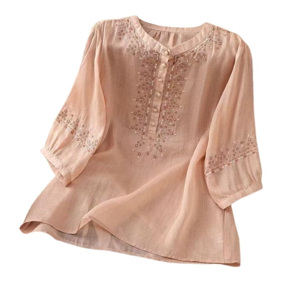 T-Shirts For Women Embroidered Tops For Cotton Linen Tshirt Tee 3/4 Sleeve V Neck Button Ethnic Womens Tops