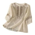thumbnail image 1 of T-Shirts For Women Embroidered Tops For Cotton Linen Tshirt Tee 3/4 Sleeve V Neck Button Ethnic Womens Tops, 1 of 5